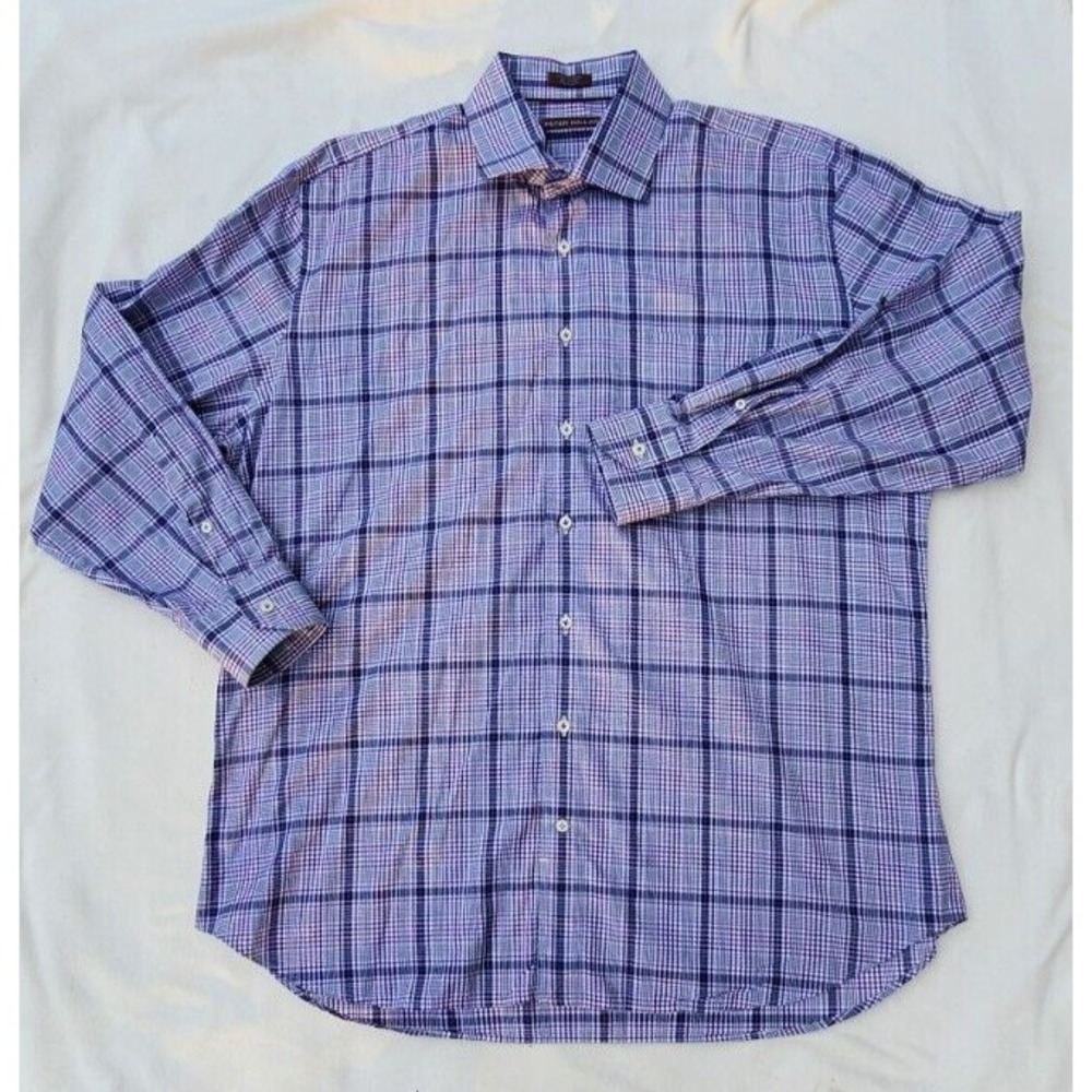 Peter Millar Button Up Shirt Mens XL  Purple Blue Tartan Check Plaid